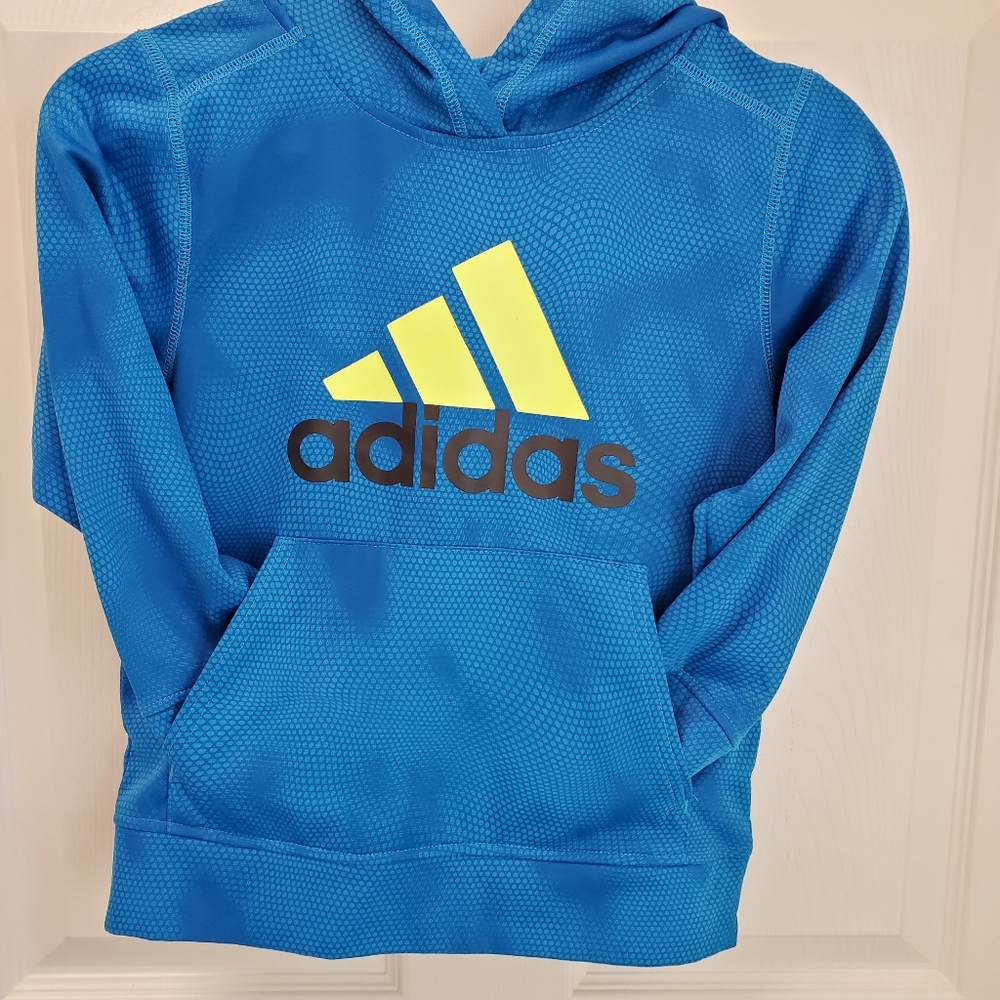 Adidas blue and highlighter green logo hoodie